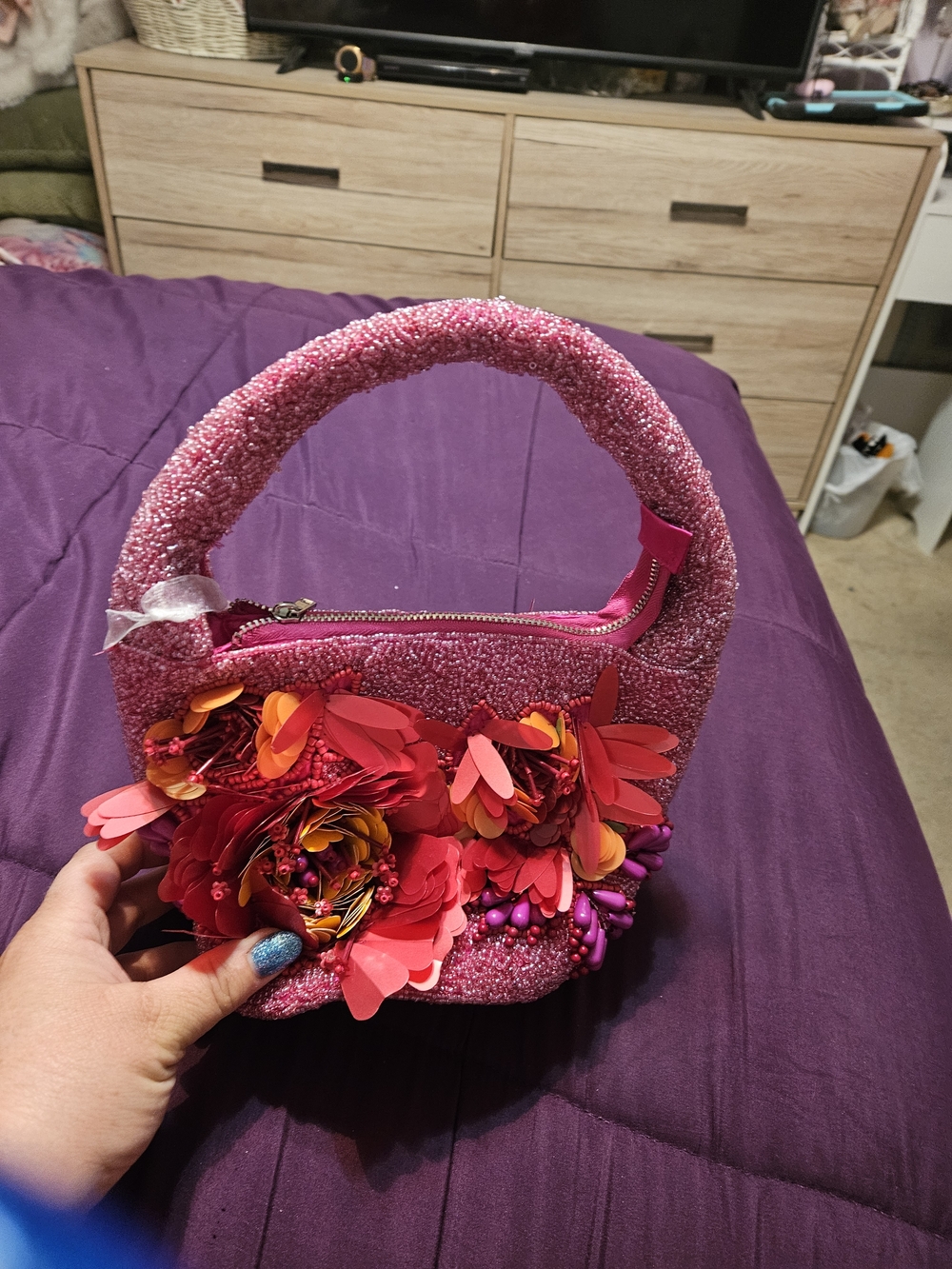 Pink Floral Beaded Handbag - Women's Decorative Tote